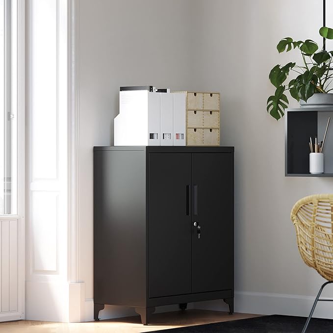 SONGMICS Garage Cabinet, Metal Storage Cabinet with Doors and Shelves, for Home Office, Garage and Utility Room, Black UOMC013B01