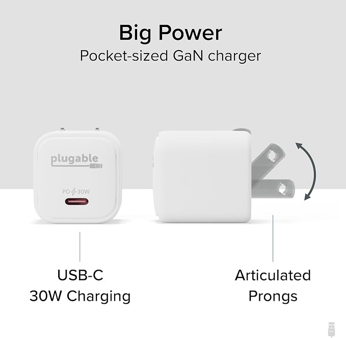 Plugable GaN USB C White Charger Block with 10Gbps USB C to USB C Cable Bundle