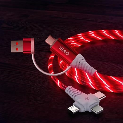 IHAO Multi Ports Light-Up USB Cable USBA to USBC/MicroUSB Cable Durable Fast Charging Cable with Visible Current Flow As Night Light Use-3in1 Blue