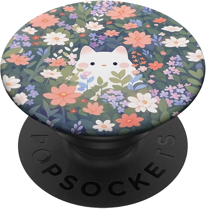 Cute White Cat Hiding in Spring Flowers Botanical Floral PopSockets Adhesive PopGrip