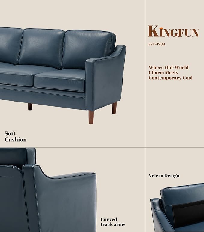 Kingfun 80" Faux Leather Sofa, 3 Seater Couch, Mid Century Modern Couches with Solid Wood Frame for Living Room & Bedroom, Royal Blue