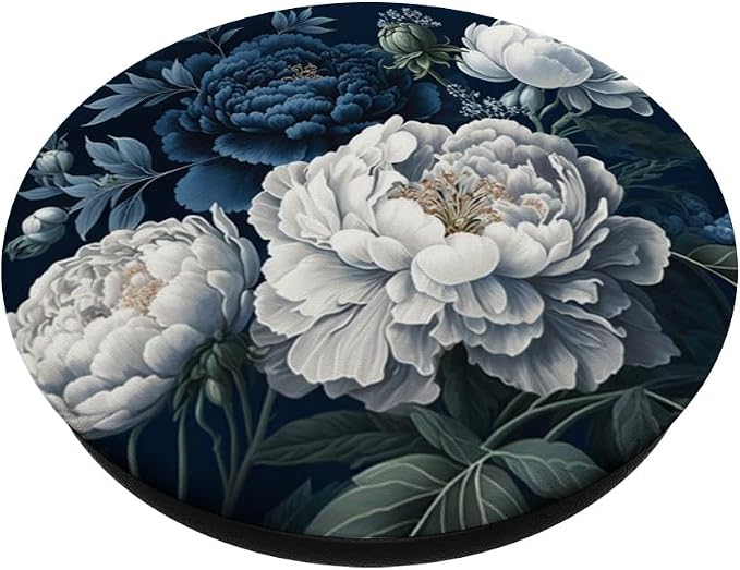 Navy Blue Peonies Blossom Leaves White Flowers Floral Girly PopSockets Adhesive PopGrip