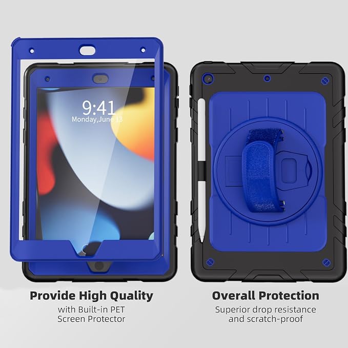 Case for iPad 9th/8th/7th Generation-Built-in Screen Protectorwith Pencil Holder&amp360°Rotating Hand StrapShoulder StrapCase for iPad 10.2 inch 2021-2019(Black)