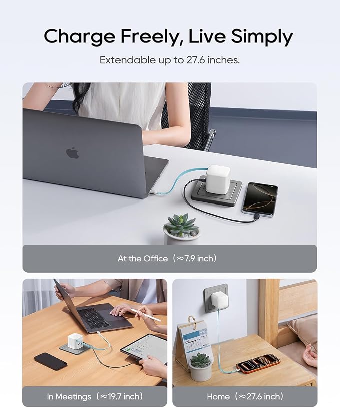 CUKTECH CP6 65W GaN USB C Charger with Built-in Retractable Cable (2.3ft) 2-Port Fast Charging Wall Power Adapter for iPhone 17/16/15 Galaxy S26/S25/S24 Pixel 10/9 MacBook Pro/Air iPad AirPods