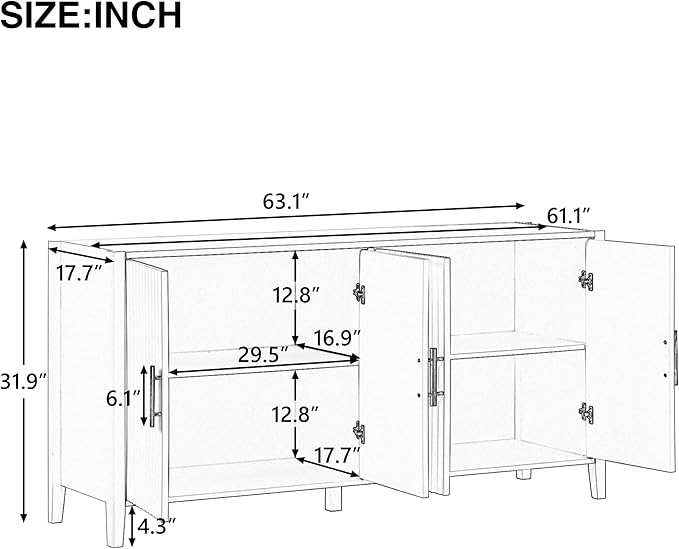 63 Inch Modern Console Table Sofa Table with 4 Doors and Metal Handles, Accent Buffet Sideboard Serving Storage Cabinet with Shelf for Living Room Kitchen (Black)