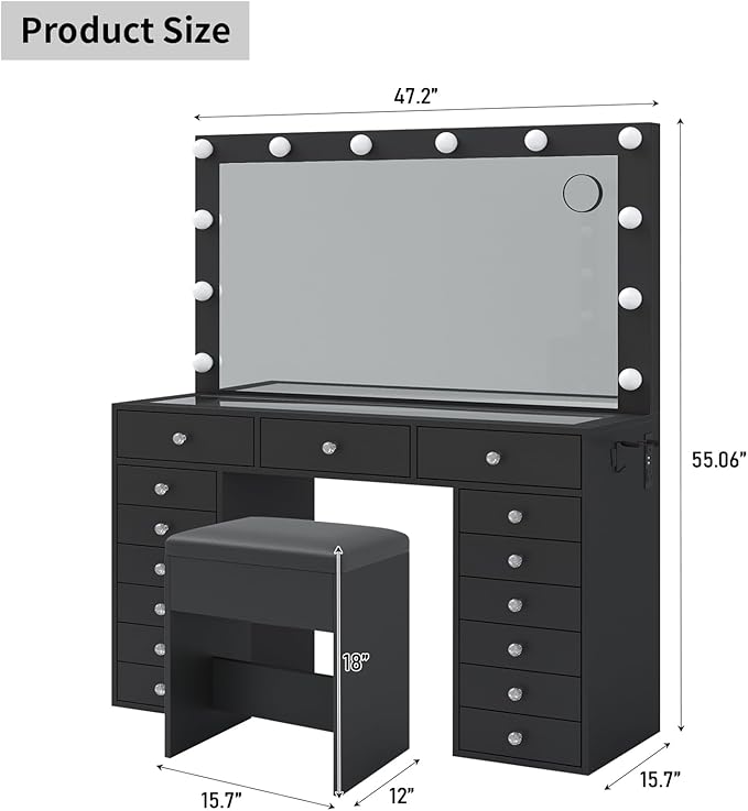 15 Drawers Makeup Vanity with Charging Station, Vanity Desk with 12 LED Bulbs and HD Mirror, 3 Color Brightness Adjustable, Vanity Set for Bedroom, Black