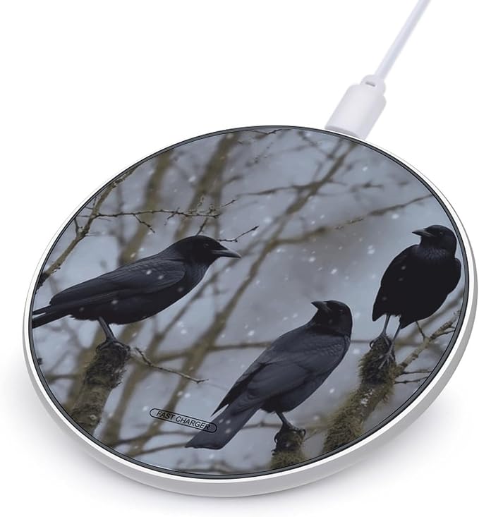 Black Crow Birds Wireless Charger 10W Qi-Certified Fast Wireless Charging Pad with USB Cable &amp LED Indicator Fashion Charger Mat Portable Charging Station for All Qi-Enabled Phones