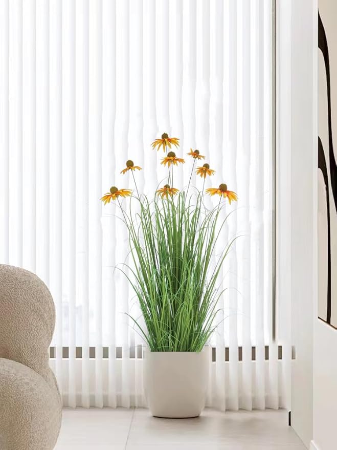 46" UV Resistant Artificial Grass Plant with 9 Realistic Yellow Echinacea Flowers - Indoor/Outdoor Fake Plants for Patio, Living Room, Porch Decor - All Weather Faux Floor Plant 2-Pack