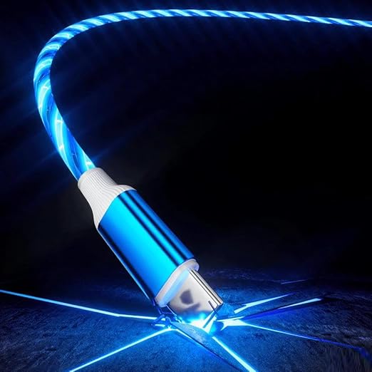 IHAO Multi Ports Light-Up USB Cable USBA to USBC/MicroUSB Cable Durable Fast Charging Cable with Visible Current Flow As Night Light Use-3in1 Blue