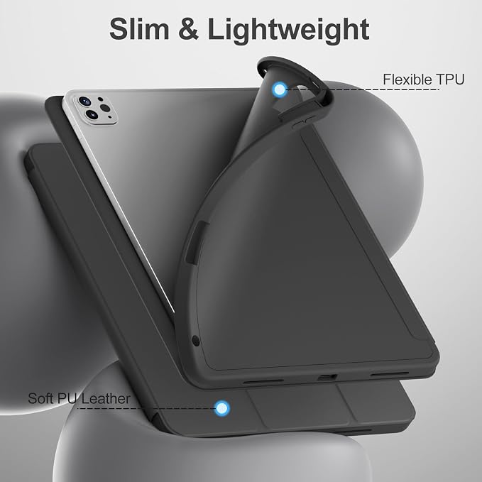 Case for iPad Pro 11 Inch 4th/3rd/2nd Generation 2022/2021/2020 | Slim Soft TPU Back Cover with Pencil Holder Three-Stage Folding Support Pencil Charging Auto Sleep/Wake Black
