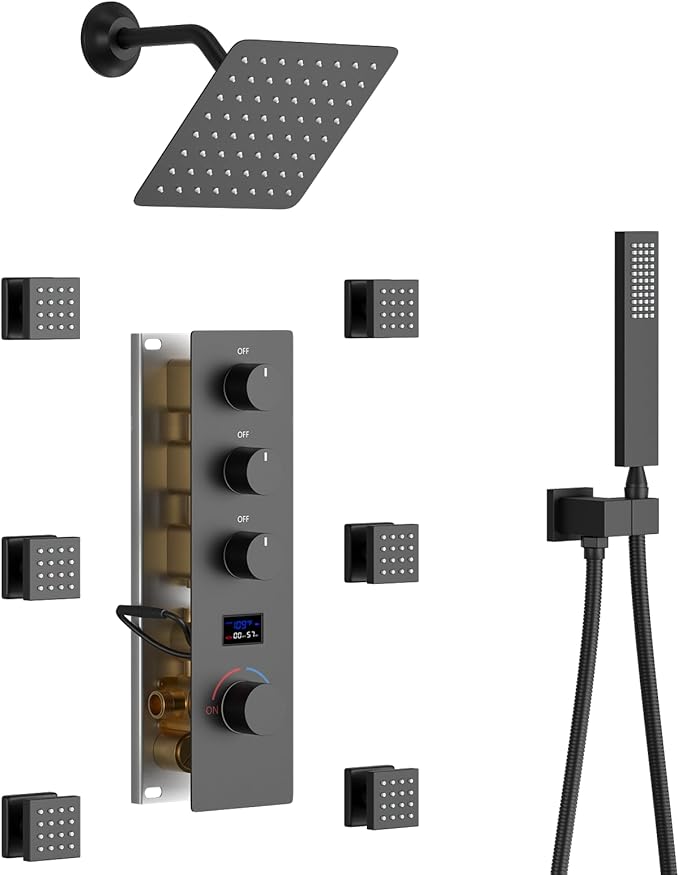 KATAIS Matte Black Tempreature Display Shower System with 6 PCS Body Jet, 8 inch Wall Mount Shower Head and Handheld Spray