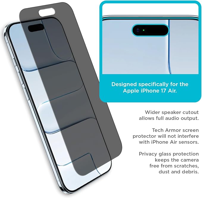 Tech Armor Privacy Glass for iPhone 17 Air Screen Protector 1-Pack | Ballistic Anti-spy protection 9H tempered bubble-free install case-friendly Face ID compatible oleophobic coating