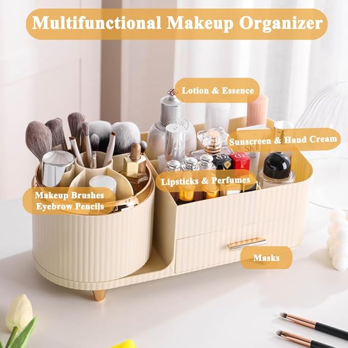 Makeup Organizer Countertop with Drawer 360 Rotating Brush Holder Storage Large Capacity Skincare Cosmetic Display Cases for Vanity Bathroom Desktop, Model 3016 Cream