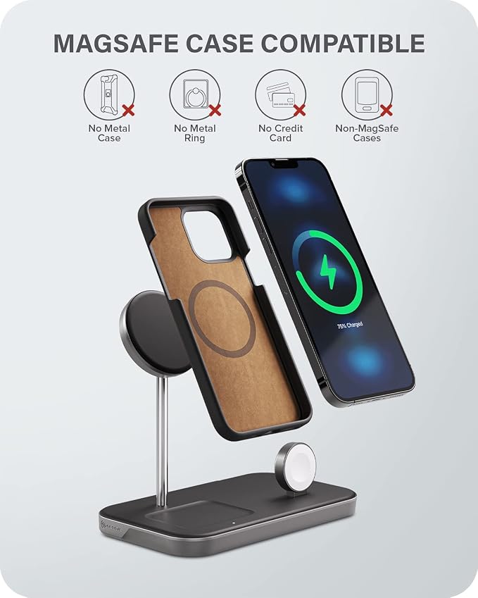 ALOGIC MagSpeed 3-in-1 Wireless Charging Station MagSafe Compatible Charger for iPhone 15/14/13/12 Series Apple Watch &amp AirPods Charging Case LED Indicator
