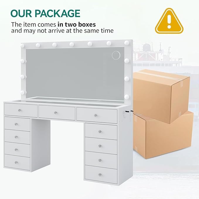 11 Drawers Vanity Desk, 55'' W Makeup Vanity with Power Outlet, Vanity Table with Mirror and 13 LED Bulbs, 3 Color Lighting Modes, Glass Top, Dressing Table for Bedroom