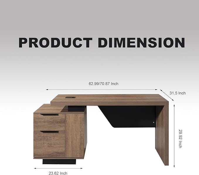 Modern Executive Desk, Rectangle Office Desk with Storage Cabinet, Width Adjustable Standing Desks, Stand Under Table Storage Organizer, Mahogany