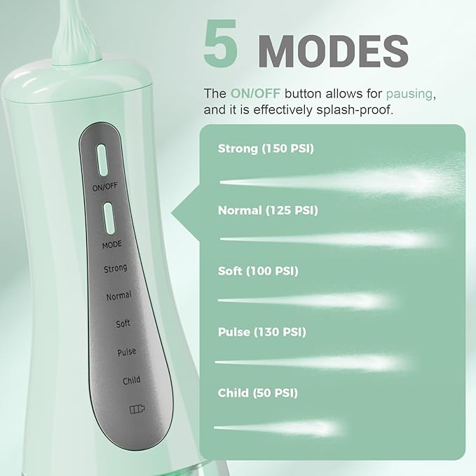 GOLDANT 350ML Water Dental Flosser Teeth Pick with Travel Bag, 5 Modes Portable Cordless Oral Irrigator Cleaner, Electric Rechargeable IPX7 Waterproof for Home Travel Teeth Cleaning flossing (Green)