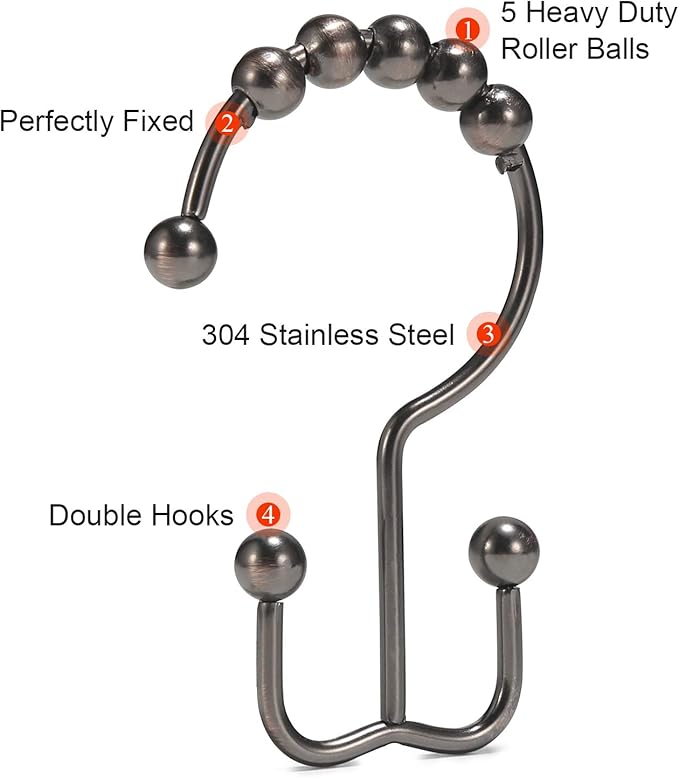 Shower Curtain Hooks, Goowin Shower Curtain Rings, Stainless Steel Shower Curtain Hooks Rust Proof Free Sliding Double Shower Hooks for Curtain, Shower Curtains & Liners (Bronze)