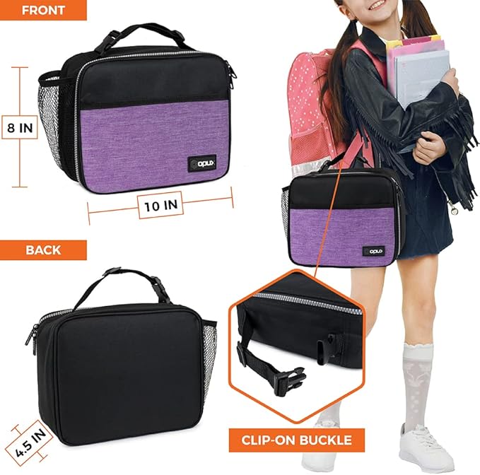 opux Insulated Lunch Bag Kids, Lunch Box for School Boy Girl, Leakproof Small Reusable Compact Soft Mini Cooler Bag, Toddler Small Lunch Boxes Kit Pail with Front Side Pockets (Purple)