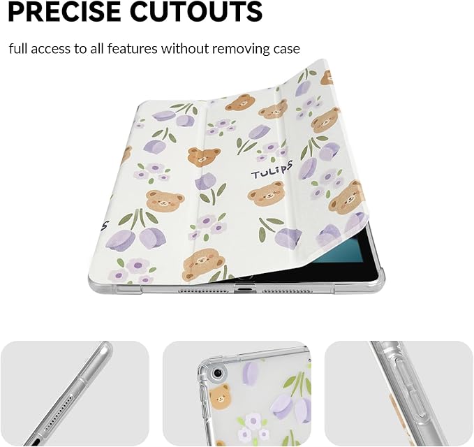 Lovmooful for iPad 9/8/7 Gen Case with Pencil Holder Cute-Bear Flower | Fit for iPad 9/8/7 (10.2-Inch2021/2020/2019 Model9th/8th/7th Generation)Soft TPUTrifold StandProtectiveGirly