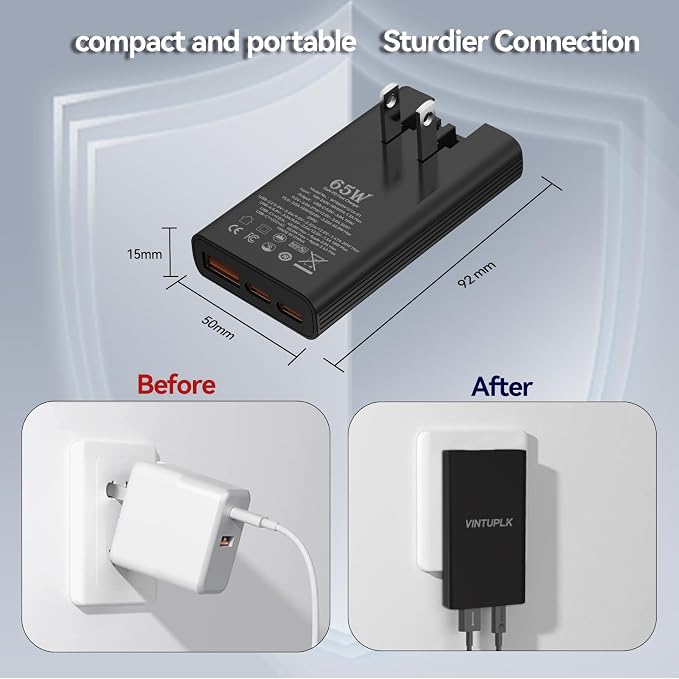 65W Ultra Slim USB C Charger Dual-Port GaN Wall Adapter Fast Charging for iPhone 16/15 Pro Max Galaxy Black