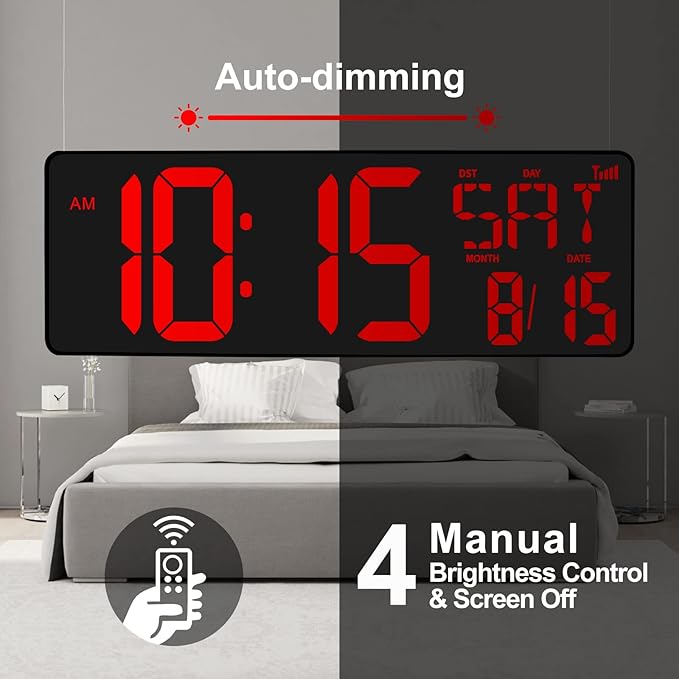XREXS Large Digital Wall Clock WiFi Sync, 16.5 in Large Display Wall Clock with Temperature/Date/Week, LED Big Digital Timer Clock with Remote Control, Alarm Clock for Home and Office, Auto-dimming