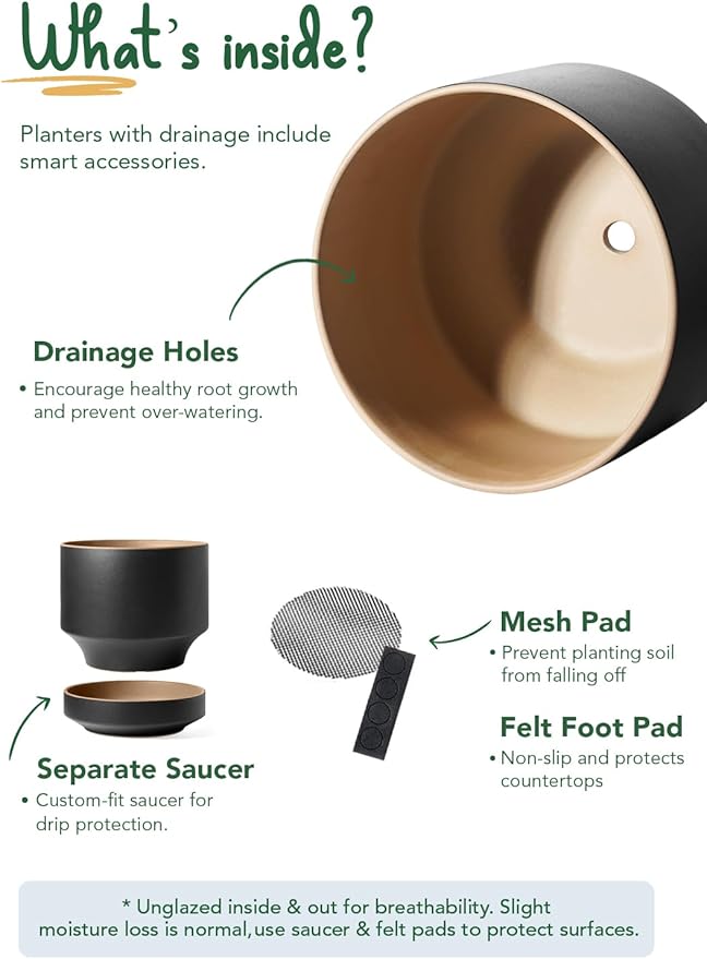 LE TAUCI 12 Inch Pot for Plants with Saucer, Ceramic Indoor Planter Pot with Drainage Hole, Mesh Pad & Plug Included, Matte Glazed Outside, Modern for Home and Office, Obsidian Black & Ochre