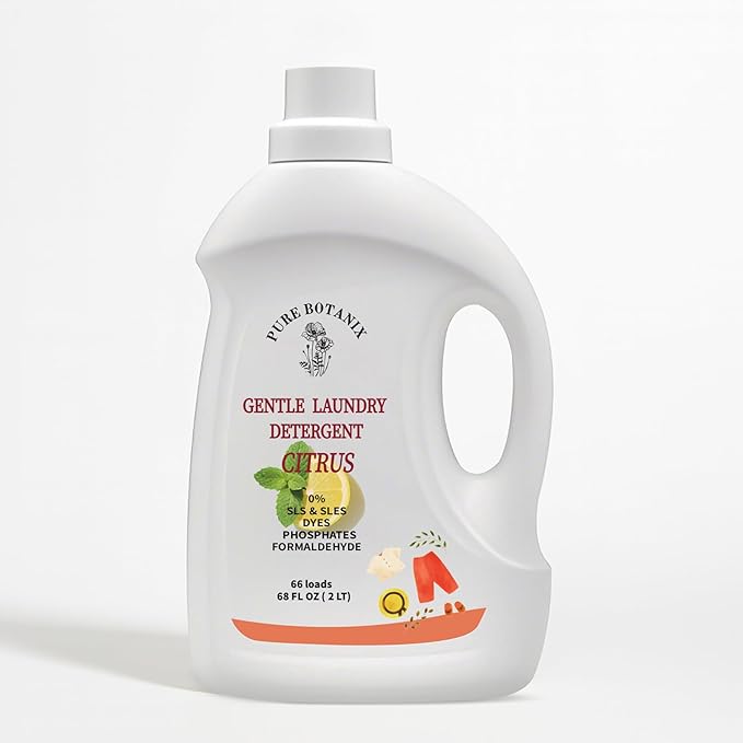 Citrus Organic Plant- Based Laundry Detergent 68 Fl Oz | 66 Loads, Natural Hypoallergenic Non-Toxic Soap for Sensitive Baby Skin. Concentrated Enzyme Stain Remover, Sulfate Free