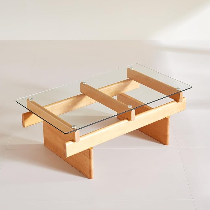 IWOOD Glass Coffee Table for Living Room,100% Solid Wood Coffee Table with Rectangular Tempered Glass Top,Mid Century Modern Coffee Table,Wood