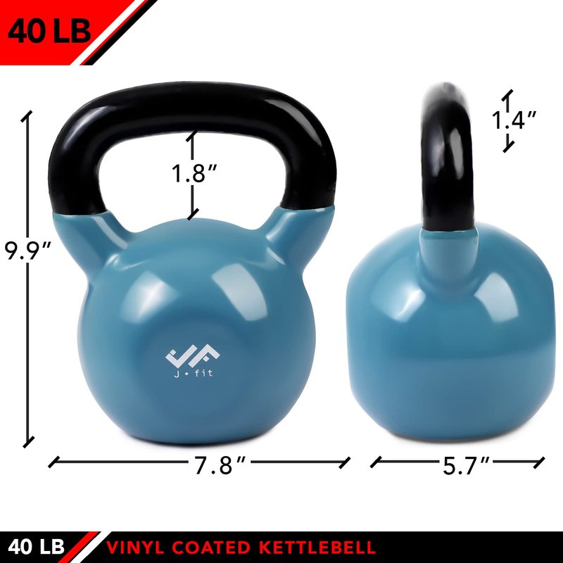JFIT Vinyl-Coated Cast Iron Kettlebell Weight – Flat Bottom Kettlebell for Strength Training, Cross Training & Home Gym Workouts, 40lb-Steel Blue