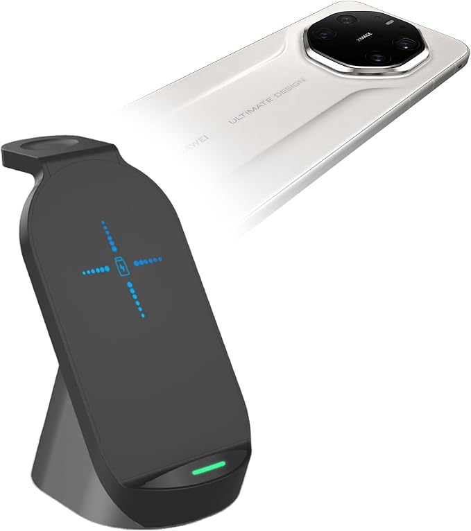 BoxWave Charger Compatible with Huawei Mate 80 RS Ultimate - Compact Wireless MultiCharge Stand (10W) Wireless Qi Stand Charger Watch Earbuds - Jet Black