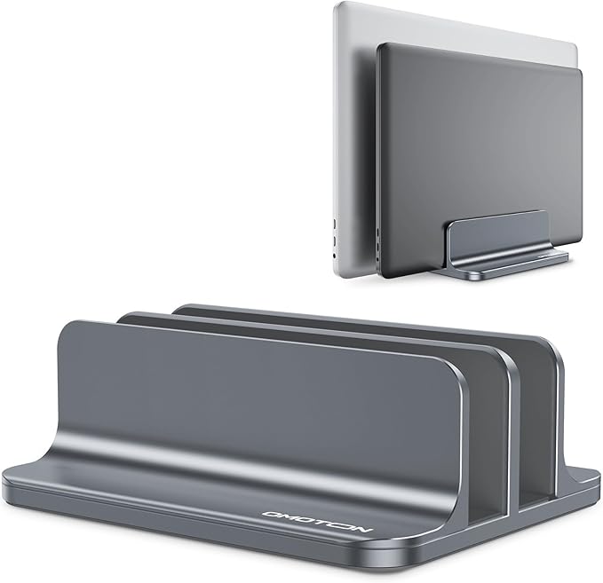 OMOTON Vertical Laptop Stand [Updated Double Version], Desktop Aluminum MacBook Stand with Adjustable Dock Size, Fits All MacBook, Surface, Chrome Book and Gaming Laptops (Up to 17.3 inch) (Grey)