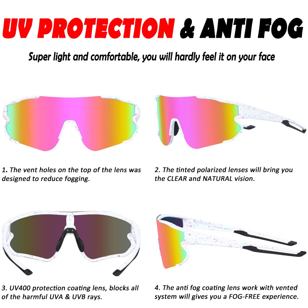 ITSCOOL Polarized Sports Sunglasses for Men Women Lightweight Softball Baseball Running Cycling Glasses UV Protection White Pink