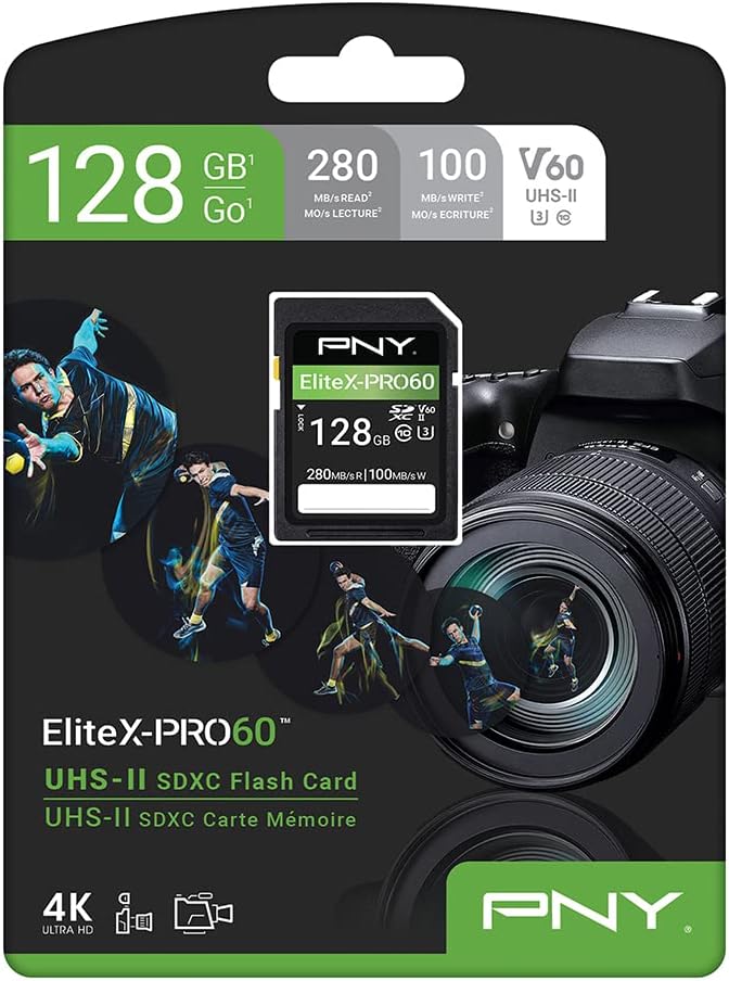 PNY 128GB EliteX-PRO60 UHS-II SDXC Memory Card - R280MB/s W100MB/s, U3, V60, 4K UHD, Full HD, UHS-II for Professional Photographers & Content Creators, DSLR Mirrorless Cameras, Advanced Video Cameras