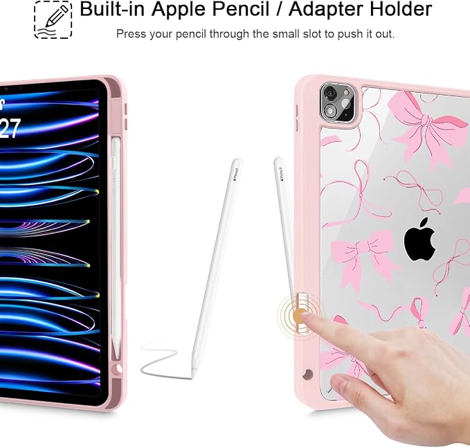 May Chen Case for iPad 12.9 Inch (6th/5th/4th/3rd Generation 2022/2021/2020/2018) Pencel Holder + Trifold Support Auto Sleep/Wake Transparent Shockproof Back Cover Blue Bows
