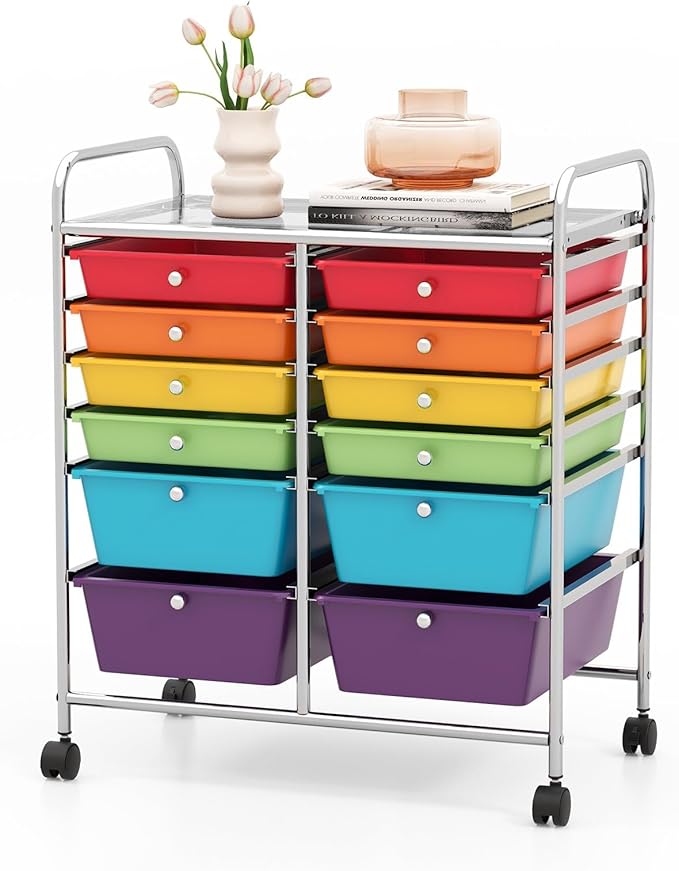 COSTWAY 12-Drawer Rolling Storage Cart, Moveable Art Craft Organizer W/Lockable Wheels, Metal Shelf, Files Arrangement Tools Makeup Storage Cart for Office, Home, School (Multi-Color)