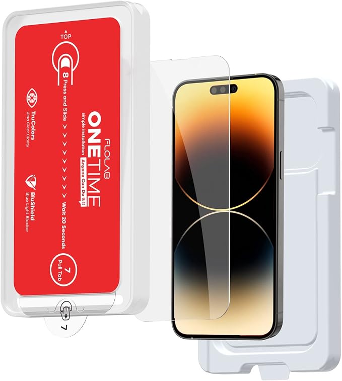 FLOLAB NanoArmour ONETIME Case Friendly iPhone 14 Pro Screen Protector Best Tempered Glass Protects Your Eyes - Durable Smooth as Butter Easy to Install. Dustless
