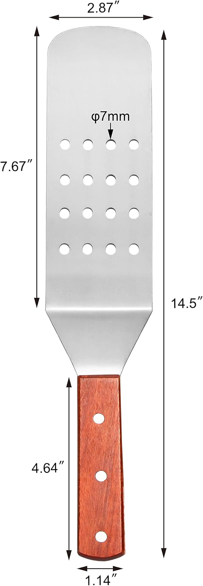 New Star Foodservice 14.5 Inch Perforated Flexible Grill Turner, Stainless Steel Spatula with Wood Handle for Griddle, Flat Top, Grill, and Restaurant Use