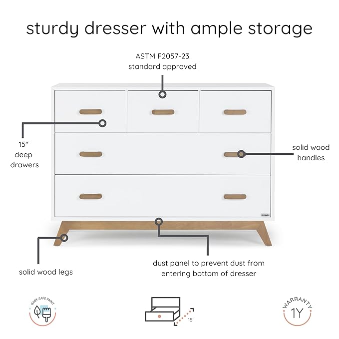 dadada Soho 5-Drawer Dresser for Nursery and Bedroom - Modern Design, Large Storage, Baby-Safe Finish, Soft Close Drawers, Anti-Tip Safety, Sturdy Legs & Solid Wood Handles, 47” Wide (White+Walnut)