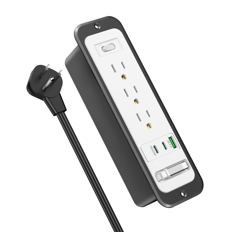 Recessed Power Strip with Retractable USB C Cable,2 PD 20W USB C,Flush Mount Countertop Drawer Outlet, Furniture Hidden Outlet for Side Table,End Table,3 Outlets (White and Black, 6FT-20W)