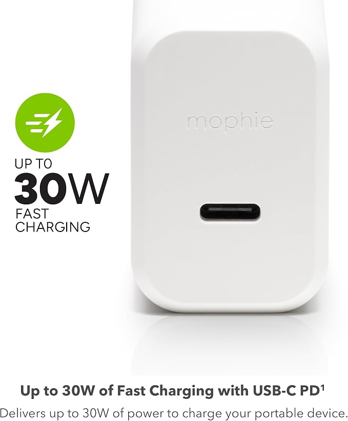 Mophie speedport 30-30W USB-C GaN Fast Wall Charger for Phones Tablets and Laptops Compact &amp Foldable Plug Design Sustainable Material White