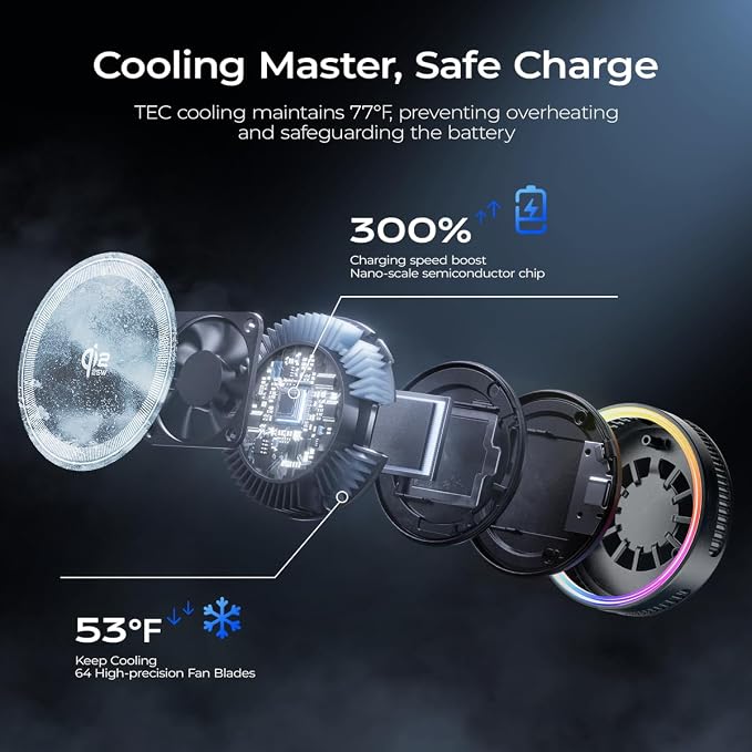 Qi2.2 Wireless Charger【25W Fast Charging+Cooling Fan】 Magnetic Charger Pad with 2 ModesLED Light Phone Holder Fast Charging Compatible with iphone17/16/15/14/13/12 Series (with 45W Adapter)