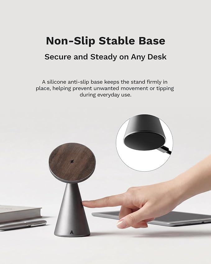 Black Walnut Wood and Aluminum Wireless Charger | Magnetic Charging Stand for iPhone Compatible with MagSafe