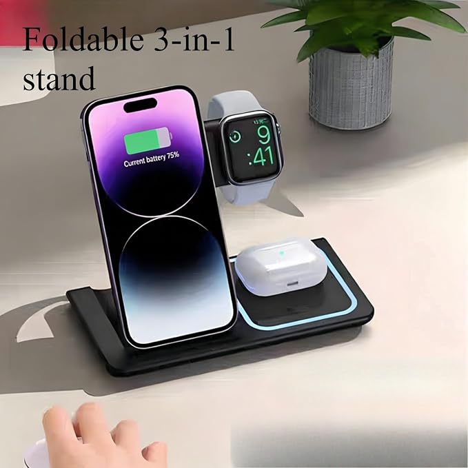 Foldable 3-in-1 Wireless Charging Station Magnetic Fast Charger Stand Dock Compatible with iWatch Series AirPods Pro and iPhone 17/16/15/14/13/12/11 Series USB Powered (Black)