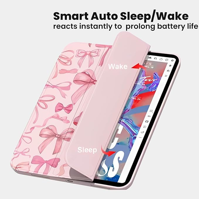 for iPad A16 11 Inch 2025 /for iPad 10th Generation 10.9 Inch 2022 Cute iPad Black Case with Pencil Holder-[Auto Wake/Sleep] Trifold Stand Soft TPU Protective Cover Pink Bows