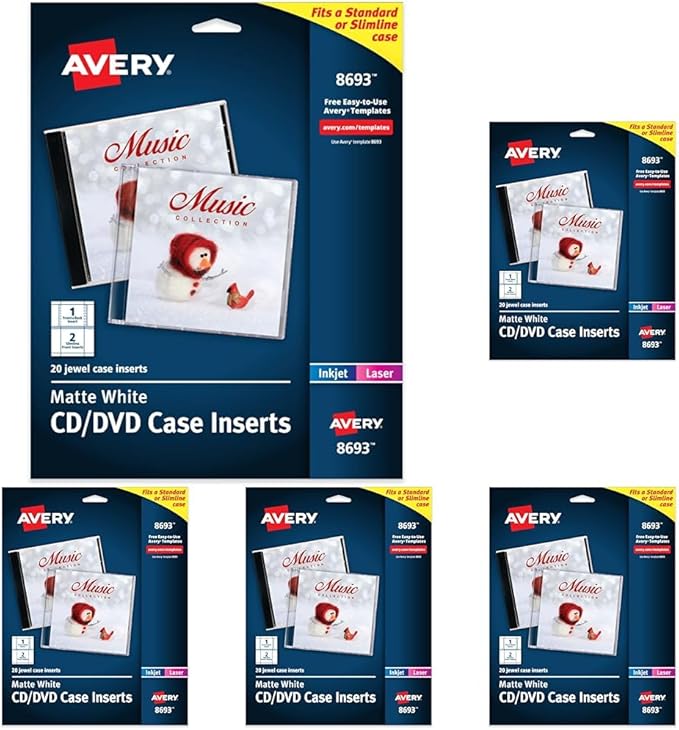 Avery Printable CD Jewel Case Inserts, Matte White, Laser & Inkjet Printer Compatible, 20 Standard and Slimline Inserts, Ideal for CDs, DVDs, Presentations, Portfolios, and More (8693) (Pack of 5)