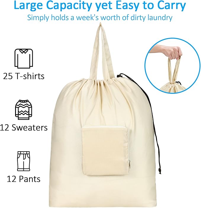 GOGOODA Travel Laundry Bags with Drawstring Closure XL Large Foldable Dirty Clothes bags with Handle Heavy Duty and Washable for College Dorm Travelling Camping, 2 Pack, Black & Beige