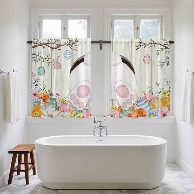 Easter Kitchen Curtains 45 Inch Long 2 Panel Set, Rod Pocket Window Treatment