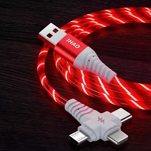 IHAO Multi Ports Light-Up USB Cable USBA to USBC/MicroUSB Cable Durable Fast Charging Cable with Visible Current Flow As Night Light Use-3in1 Blue