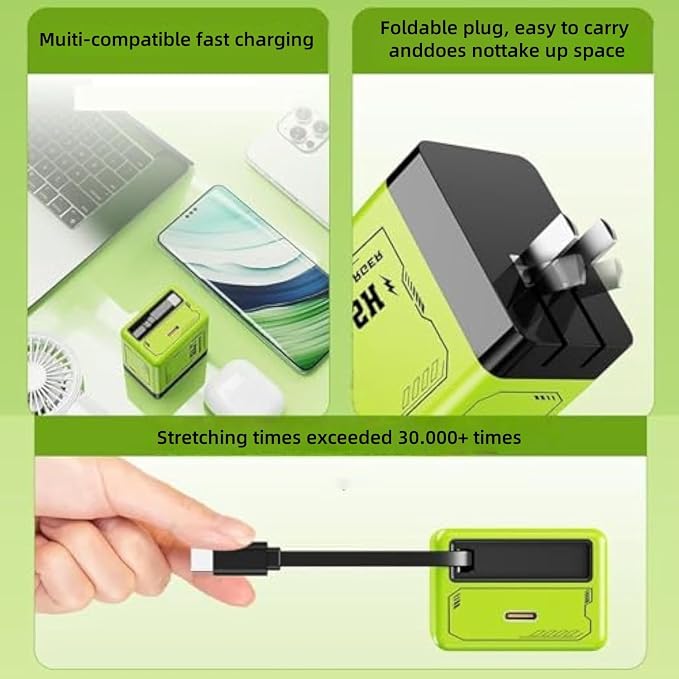 2-in-1 Compatible Fast Charger Fast Charger Module with Type-C Cable Retractable Phone Wall Plug for Phone and Laptops (Green)